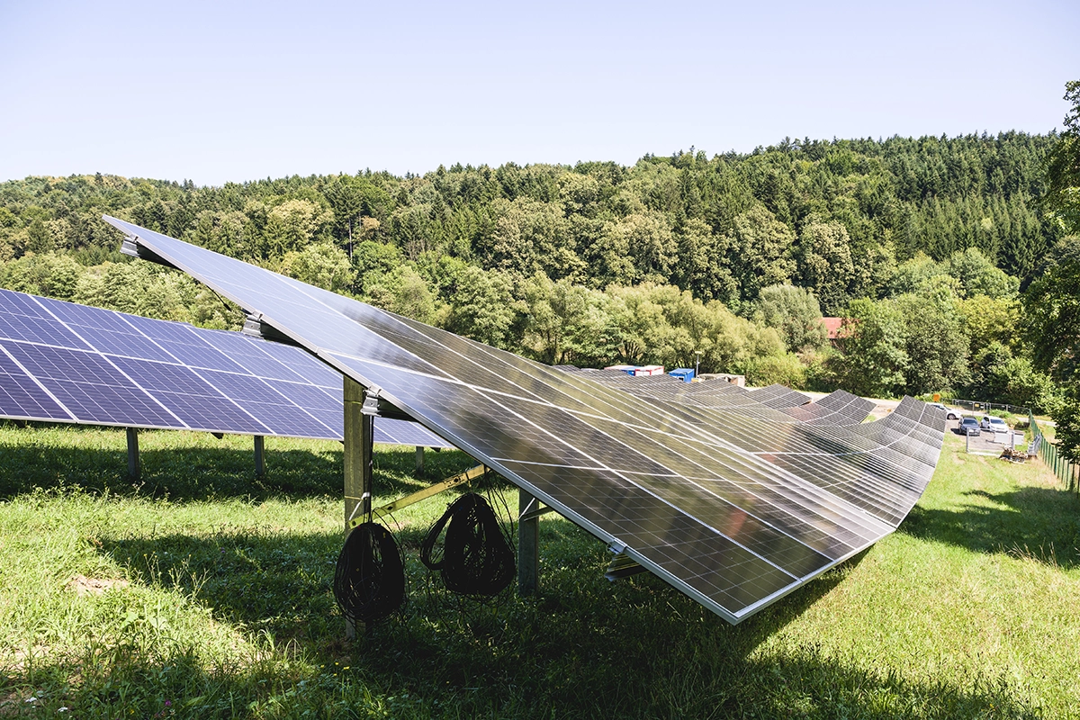 Wir blicken leicht schräg von unten auf die Photovoltaik-Paneele in Lödersdorf. Die Wiese ist grün. Die Sonne scheint.